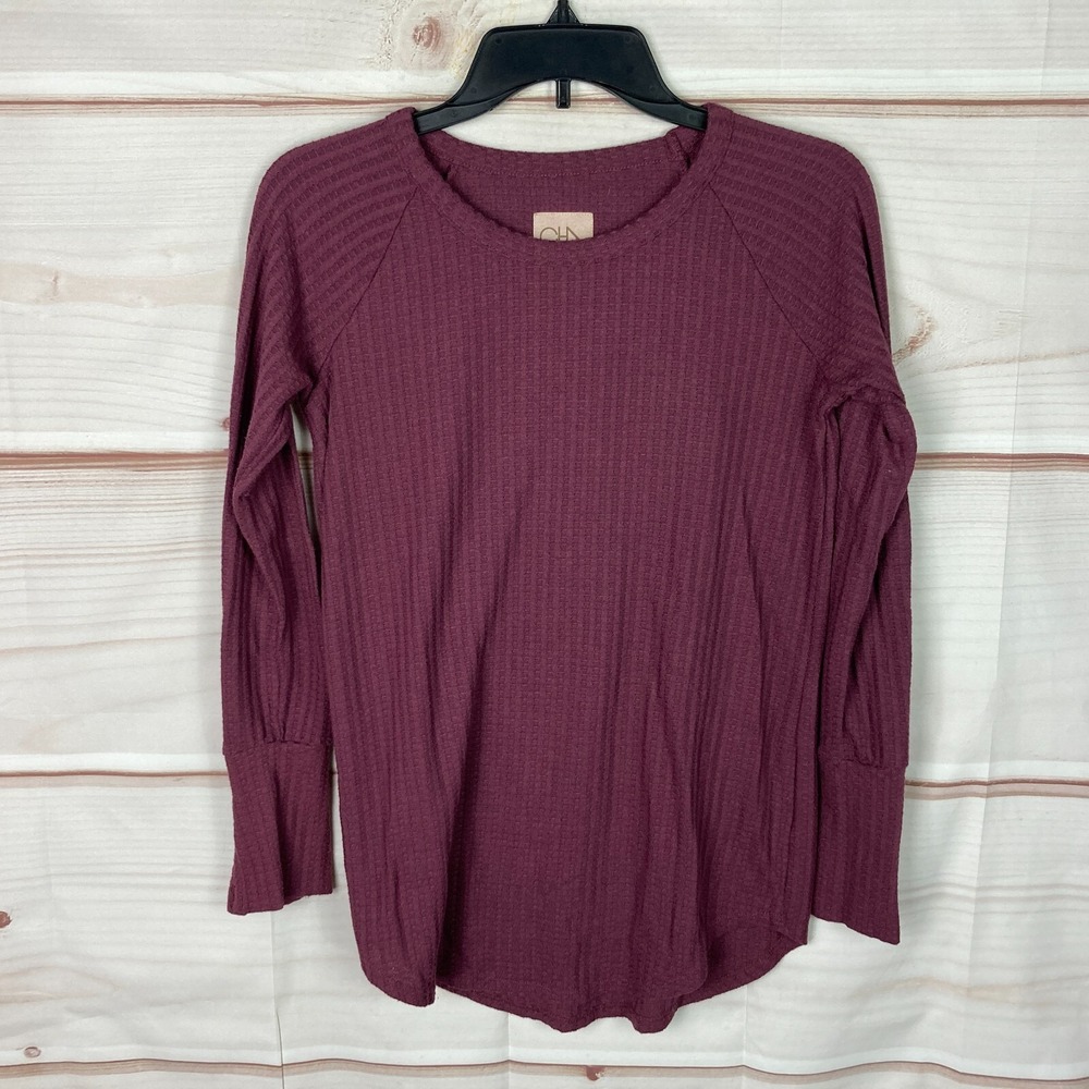 Chasor Top Women S Purple Waffle Knit T-Shirt Long Sleeve Round Neck Tunic Solid